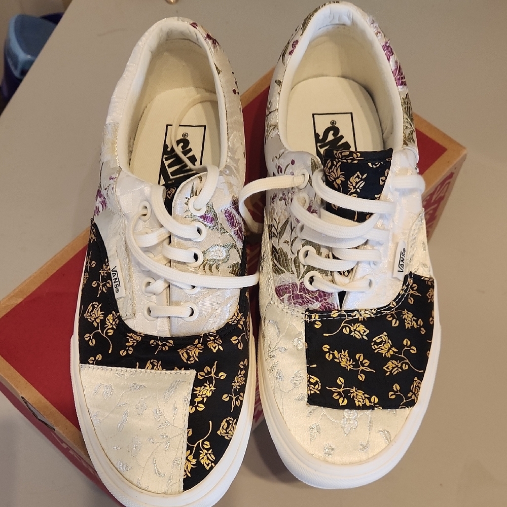 Vans White and Black Floral Patchwork Sneakers